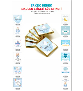 Doğum Günü 1 Yaş Hoşgeldin Bebek Erkek Bebek-Çocuk Hediyelik Madlen Çikolata Etiketi Kare 140 Adet