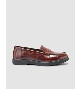 %100 Hakiki Deri Kahverengi Croco Desen Kadın Loafer