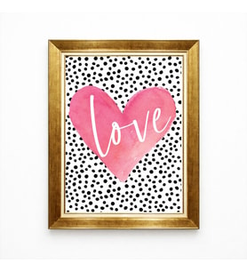 Tablore Altın Çerçeveli Pembe Suluboya Kalp Tasarımlı Love Yazılı Modern Duvar Tablosu
