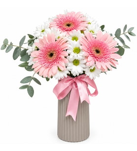 Bej Renk Vazoda Pembe Gerbera ve Beyaz Papatya