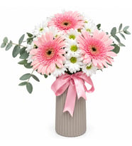 Bej Renk Vazoda Pembe Gerbera ve Beyaz Papatya