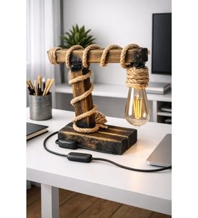 WoodyLight Rustik El Yapımı Masif Ahşap Masa Lambası - Retro Edison Tasarım Dekoratif Gece Lambası