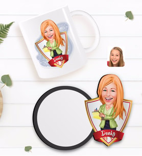 BK Gift Kişiye Özel Kadın Asistan Karikatürlü Beyaz Kupa ve Ahşap Bardak Altlığı Hediye Seti-2
