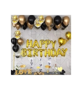 Happy Bırthday Gold Folyo Harf Balon Gold Krom Balon Pastel Siyah Balon Şeffaf Konfetili Balon Set