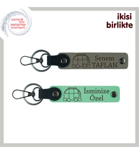 Sade ve Şık Karavan Hediyesi, İsimli Deri Anahtarlık Takımı, İsim Yazılı, Kül Gri-Açık Yeşil
