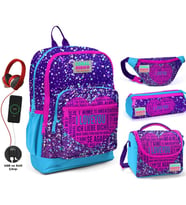 Coral High Mor Mavi Kalp USB Soketli Okul Çanta Seti ve Bel Çantası - Kız Çocuk (Çok Renkli)