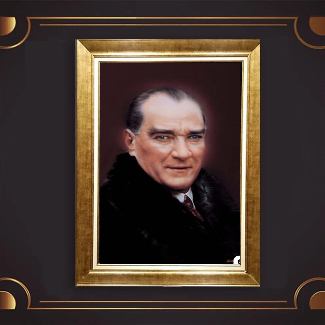 Altın Varaklı Çerçeveli Paspartulu Atatürk Tablo TR0630 (Gold)