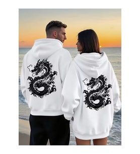 Sevgili Çift Kombini Dragon Desenli Hoodie Kapüşonlu Sweatshirt 2li Set Takım 3 İplik Pamuk (Beyaz)
