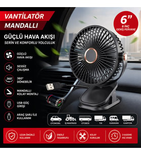 Mandallı Araç İçi Vantilatör 6 İnç 360° Dönebilen USB ve Çakmaklık Uyumlu Sessiz Fan