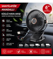 Mandallı Araç İçi Vantilatör 6 İnç 360° Dönebilen USB ve Çakmaklık Uyumlu Sessiz Fan
