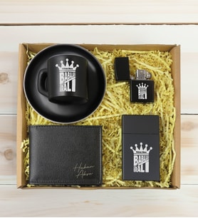 BK Gift Kişiye Özel İsimli Baba Temalı Siyah Türk Kahvesi Fincanı&Cüzcan&Çakmak&Sigara ve Hediye Kutusu-3, Babaya Hediye, Babalar Günü Hediyeleri