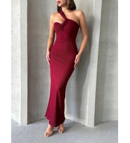 Krinkıl tek omuz uzun elbise bordo s25455