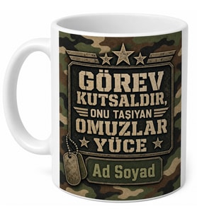Astsubaya Hediye Kamuflaj Tasarımlı Askeri Kupa Bardak Özel Baskılı Porselen