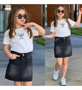 Kız Çocuk Beyaz Basic Tişört & Siyah Mini Etek Kombini – Şık ve Günlük Stil 2642