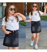 Kız Çocuk Beyaz Basic Tişört & Siyah Mini Etek Kombini – Şık ve Günlük Stil 2642
