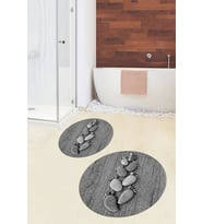 EVDEYA 3D Dijital Yıkanabilir Ayak İzi Desen İkili Yuvarlak Banyo Paspas Klozet Takımı, YKLOZET-15-GRİ, (Gri)