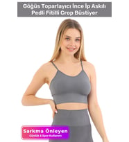 Özel Üretim Göğüs Toparlayıcı Sarkma Önleyen Spor Günlük İnce İp Askılı Pedli Fitilli Crop Büstiyer (Gri)