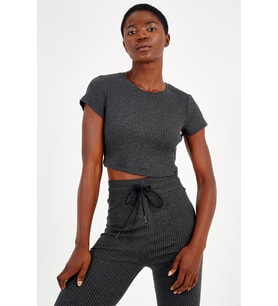 Maraton SlimFit Kadın Bisiklet Yaka  Antramelanj Crop Top