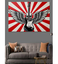 Kanatlı Kurukafa Ve Elektrogitar Görselli Retro Arka Fonlu Afiş Dekoratif Kanvas - Mdf Ahşap Tablo