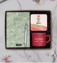 Kişiye Özel Renkli Çay & Nescafe Fincanı, Defter, Kalem  Bardak Altı Hediye Seti