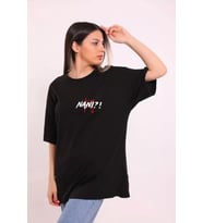 Unisex Bisiklet Yaka Baskılı Oversize T-Shirt - Siyah