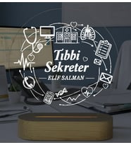 KİŞİSELLEŞTİRİLEBİLİR Tıbbi Sekreter LED Işıklı Ahşap Masa İsimliği (Şeffaf)