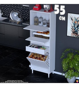 Eliusta Irmak 55 cm Sepetli Çok Amaçlı Üst Çift Kapaklı 2 Çekmeceli Mutfak Kiler Banyo Dolabı 55x181x32 cm