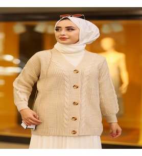 Oversize Kadın Tesettür Triko Hırka Taş