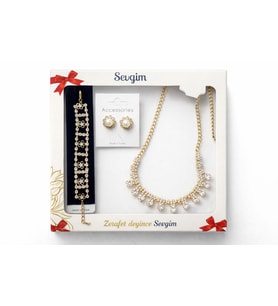 ÇELİK TAKI SETİ KRİSTAL TAŞ DETAYLI KOLYE KÜPE BİLEKLİK 3'LÜ SET ŞIK DÜĞÜN ABİYE GÜNLÜK SET (Gold)