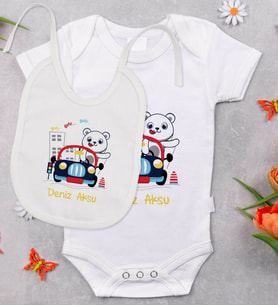 BK Kids Kişiye Özel Sevimli Sürücü Tasarımlı Bebek Body Zıbın ve Mama Önlüğü Hediye Seti - Model 1