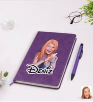 BK Gift Kişiye Özel Kadın Karikatürlü Mor Termo Deri Defter Kalem Seti Model 103
