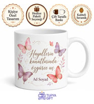 Kelebek Desenli İsimli Kupa Bardak Kadına Özel Hediye Porselen Mug