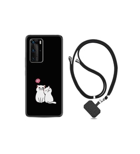 Huawei P40 Pro Kılıf Silikon Desen Boyun Askılı Love Cats 1690