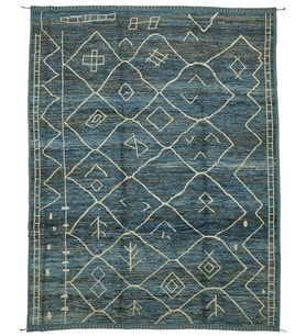 Mavi Halı El Dokuma Yün Karışımlı Etnik Stil Geometrik Desenli Lüks Salon Halısı