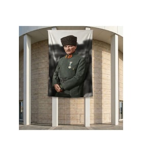 Üniformalı Kalpaklı Atatürk Portresi Poster Bayrak Premium Raşel Kumaş ATA68 2x3m