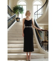 Kadın Asimetrik Yaka Kolsuz Bodycon Kalıp Maxi Örme Elbise Modern