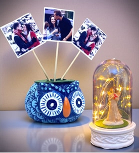 Kişiye Özel Hediye Seti 3 Fotoğraflı Mavi Baykuş Saksı ve Led Işıklı Fanus Seti (Model 7)