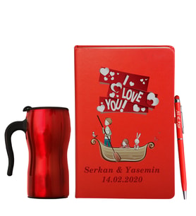 Sevgililer Gününe Özel Deri Kırmızı Defter Kalem & Termos Mug Hediye Seti 8