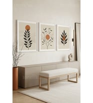 Minimalist Botanik Soyut Geometrik 3’lü Ahşap Çerçeveli Tablo Seti