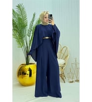 Neşeli butik kadın pelerinli kemer detaylı tesettür tulum NMS061 (Saks)