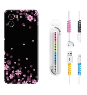 Vivo Y15S Y32 Y33S Y51 Y53S Kılıf Kablo Koruma Spiral Silikon Black flowers 1391