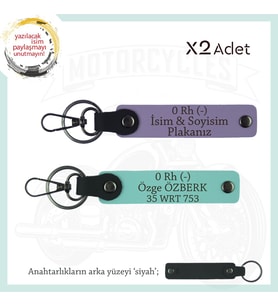 Motosiklet Aşıklarına, İsim Plaka ve 0 Rh (-) Kan Grubu, Acil Durum x2 Anahtarlık, Mor-Turkuaz-Syh (Çok Renkli)