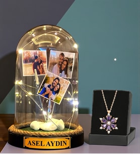 Size Özel Tasarlanmış Led Işıklı Fanus ve Gerçek Ametist Taşlı Lotus Kolye