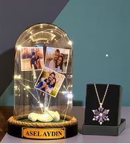 Size Özel Tasarlanmış Led Işıklı Fanus ve Gerçek Ametist Taşlı Lotus Kolye