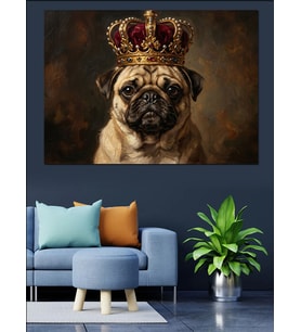 Altın Taçlı Karizmatik Pug Köpek Dekoratif Kanvas - Mdf Ahşap Tablo