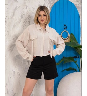 Kemer cepli keten crop gömlek krem s255350