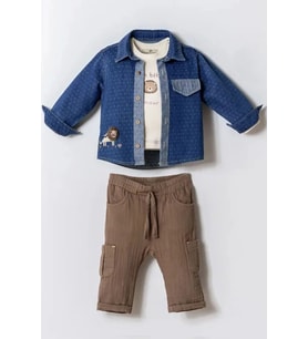 Minigimin Cicileri Lion Nakışlı Denim Ceket 3'Lü Erkek Bebek Takım - Mavi