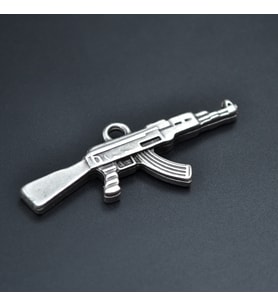 Keleş Ak47 Kalaşnikof - Silah Deri ip Kolye - Gümüş Kaplama - Kadın Erkek Kolye - No:1010