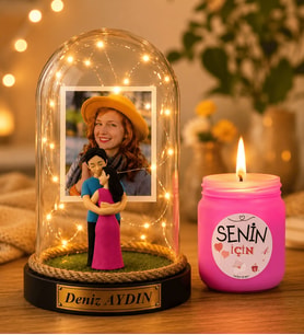 Kişiye Özel 3 Fotoğraflı LED Işıklı Fanus(sarılan çift) ve Kokulu Mum Hediye Seti