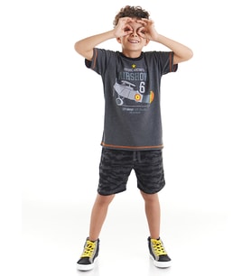 Uçak Erkek Çocuk T-shirt Şort Takım (Koyu Gri - Siyah)